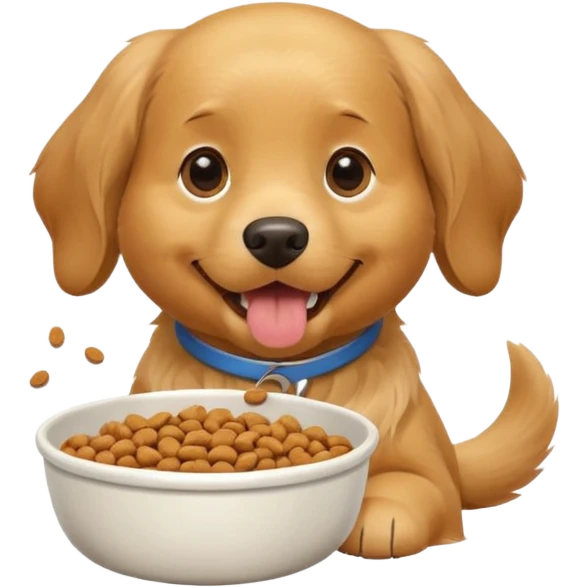 dog with dog food in bowl in front of him, happy expression emoji
