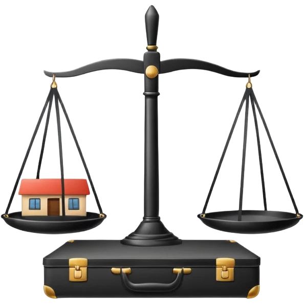 Minimalistic flat vector icon, iOS style, thin black contour on white background. Balanced scale with a house on one side and a briefcase on the other. Clean, no text, no shadows.
 emoji
