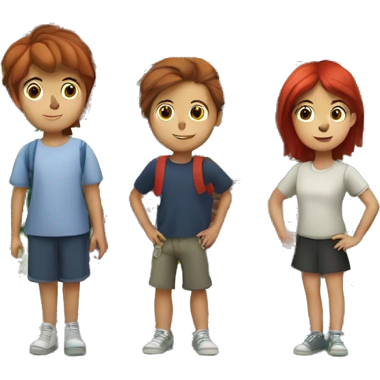 A boy with brown hair two girls, one with brown hair and one with red hair, standing on the steps of a dark green brick apartment building with bay windows emoji