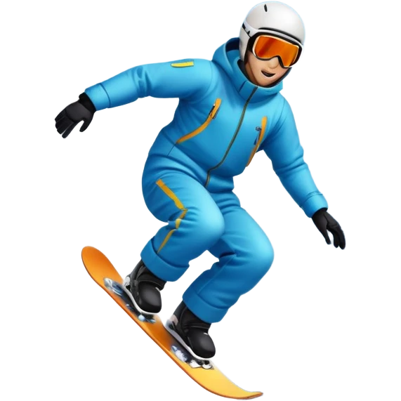 An icon showing a snowboarder performing an exciting jump on a snow-covered slope. The background features towering mountains, snow-covered trees, and a bright, clear sky. Transparent background highlights the speed, agility, and thrill of snowboarding. emoji