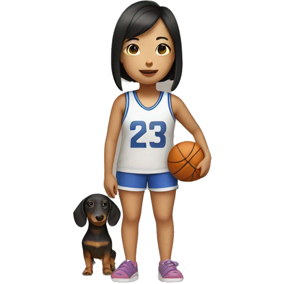 Short asian girl wearing basketball shorts and crocs holding a dachsund emoji