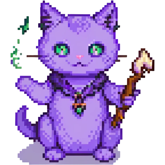Make the purple cat casting a spell fly in pixel art style with no background, transparent background. emoji