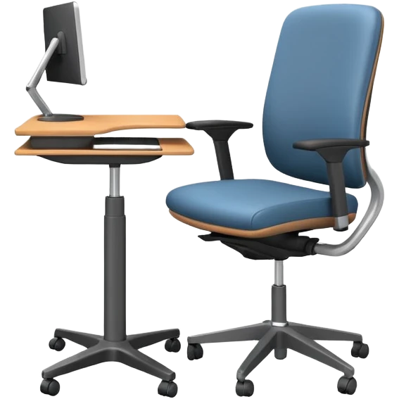 3D minimal icon of a height-adjustable motion desk with a modern ergonomic office chair, featuring a subtle accent in #FF3D00. Clean, high-end, and modern style. emoji