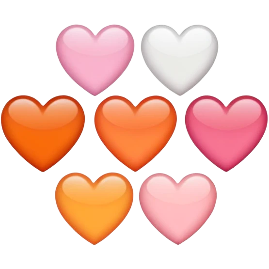 5 hearts in a row: dark orange, orange, light orange, white, pink, dusty pink, and dark rose. emoji