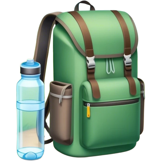 Icon for Ecotourism: a lightweight hiking backpack with a reusable water bottle, placed against a backdrop of lush green nature, with trees and a scenic trail. The icon should represent eco-friendly travel and the beauty of the outdoors. Transparent background. emoji