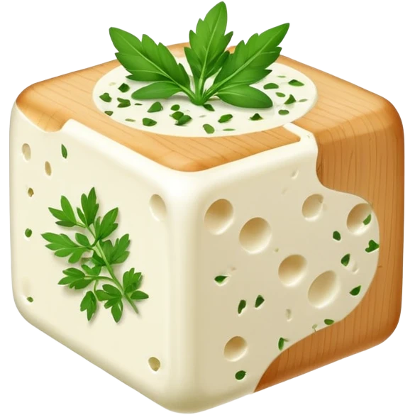 cube of Boursin cheese, white creamy look, green herb flecks, minimal rounded design emoji