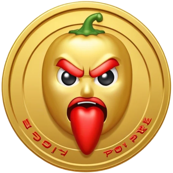 A gold coin ('SPICY COIN') displaying a red spicy pepper as it's logo. This is a 'Heads' version. If the pepper has a face, make him angry emoji