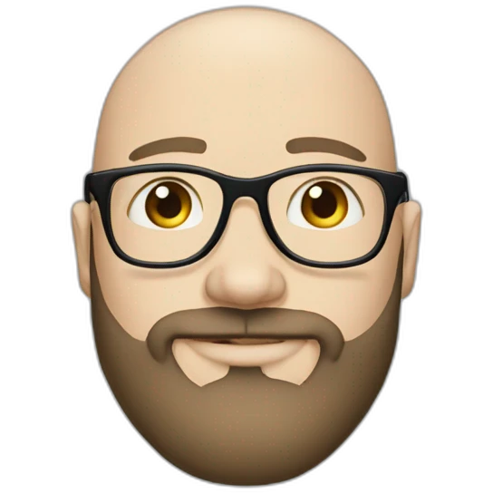 30 years old white bald man with a beard and squared black glasses, blue eyes emoji