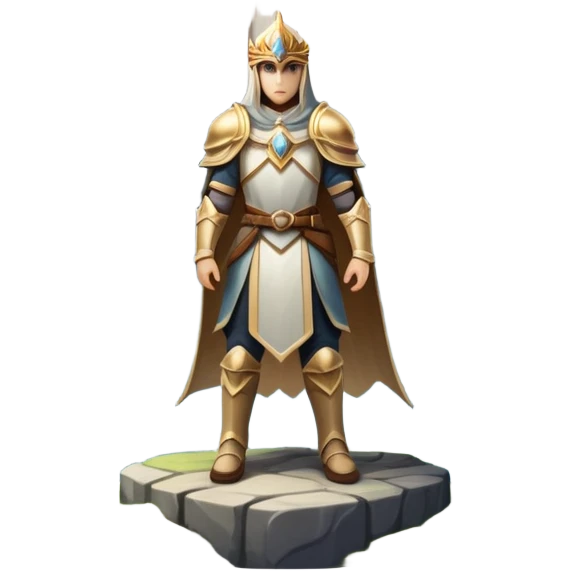 An icon featuring a hero with a closed visor, standing in a majestic, mystical landscape, inspired by RPGs like Elden Ring. The design includes a stunning, ethereal background with towering castles and distant mountains, symbolizing the adventure and mystery. Transparent background emoji