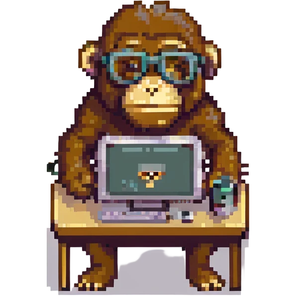 ape facing a computer, looking like a software programmer, pixel art style emoji