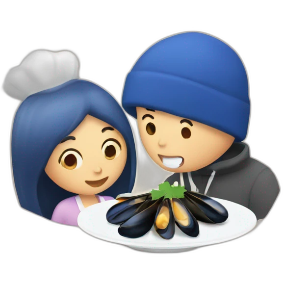 Couple eat mussels with colombe emoji