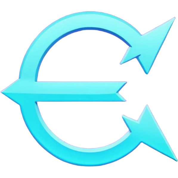 futuristic minimalistic glowing reload arrow symbol, purple and cyan energy glow, dark background, clean modern design, 1:1 aspect ratio, no face emoji