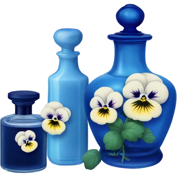 Decorative blue candle in a glass jar and in the back are navy blue pansies and a blue vintage-style perfume bottle  emoji
