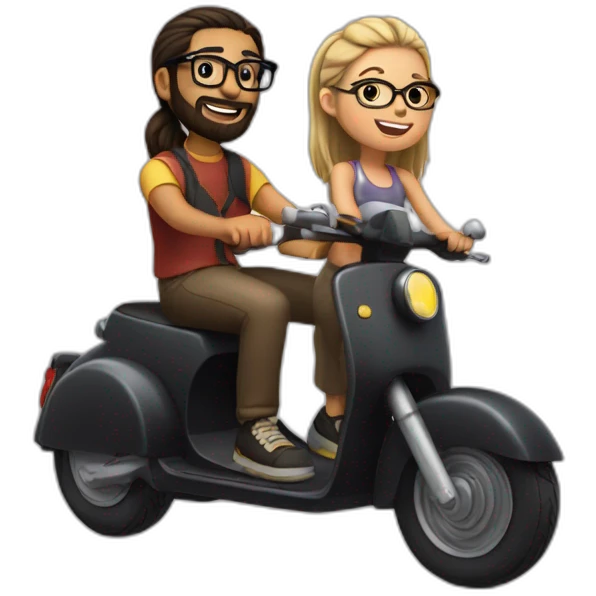 boy with long hair tied in a bun, beard, and glasses, riding a black scooter with a girl on the back emoji