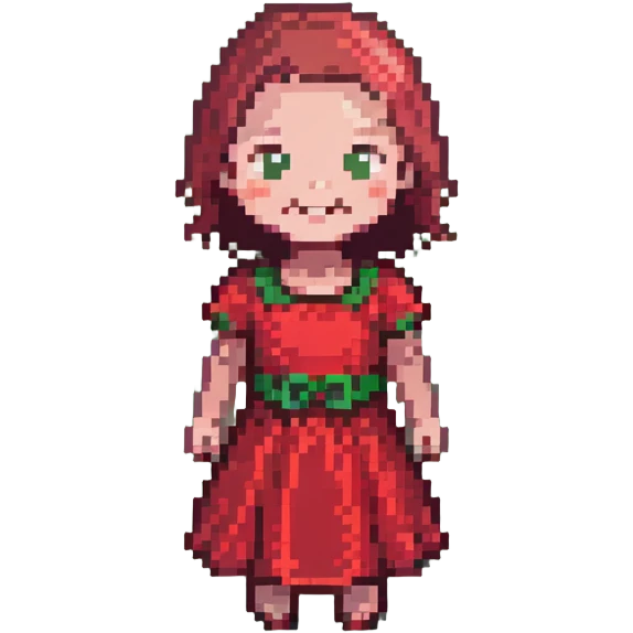 pixelated child in a red dress, happy face emoji