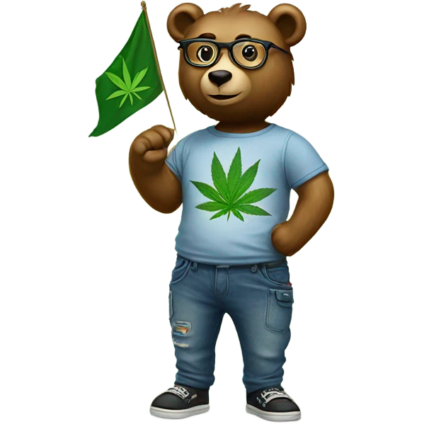 Bear dressed in jeans and tee shirt. Wearing glasses. Holding a flag in his right hand with a cannabis leaf on it. emoji