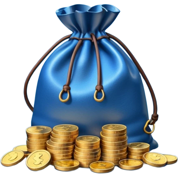 leather bag on top of blue coins stack emoji
