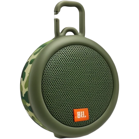Ultra minimal JBL Clip 4 speaker with just a few green camouflage spots, iOS emoji style emoji