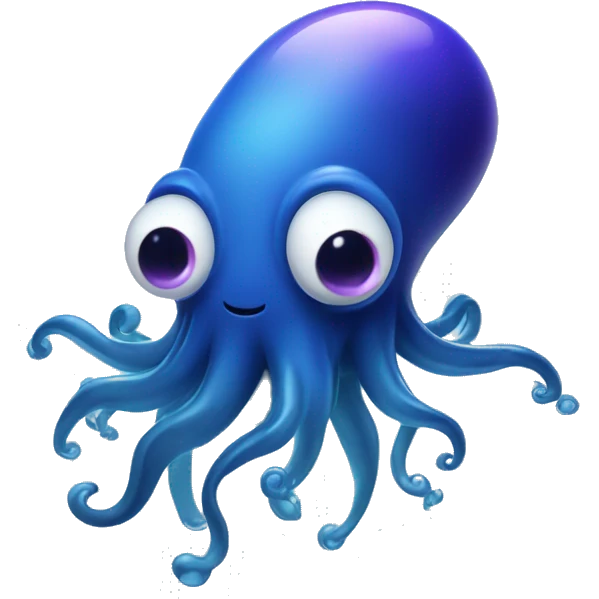 An oblong floating squid in dark blue gradient with happy eyes, a slight violet tint on te end of the tenacles, with bubbles floating around emoji