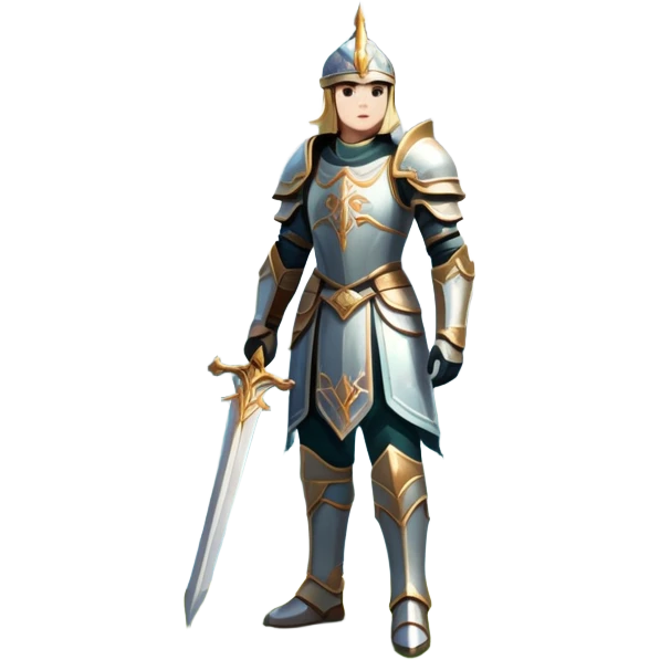 An icon featuring a hero with a closed visor, standing in a majestic, mystical landscape, inspired by RPGs like Elden Ring. The design includes a stunning, ethereal background with towering castles and distant mountains, symbolizing the adventure and mystery. Transparent background emoji