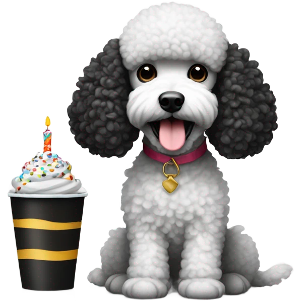 Black and white poodle with birthday cup emoji