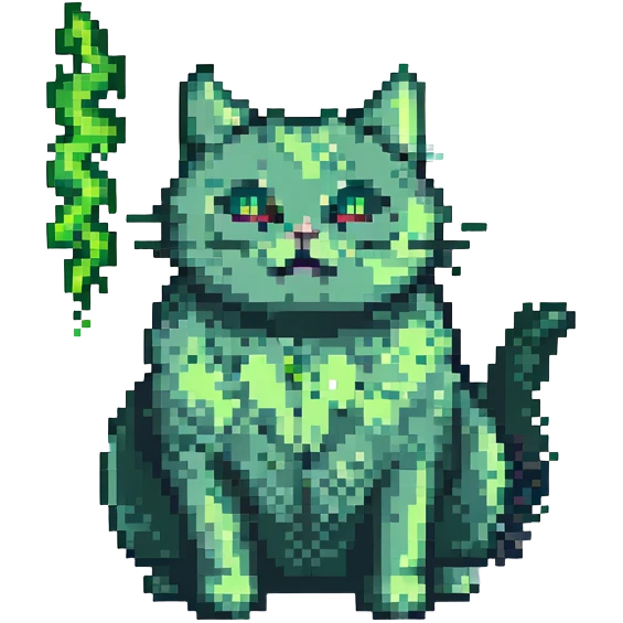 pixel art cat with a green fart cloud emoji