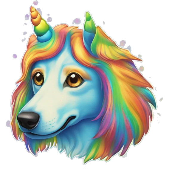 Multicolored rainbow retro groovy tie dye hippie trippy floral patterns on a metallic holographic iridescent blue dog face head unicorn emoji