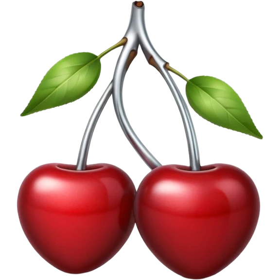 A pair of cherries emoji made of polished silver chrome, smooth rounded shapes, glossy metallic finish, soft highlights and reflections, cute proportions, iOS emoji style, centered, clean white background, no text emoji