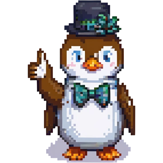 pixel art penguin with a bow tie giving a thumbs up with 'Abone ol' text nearby emoji