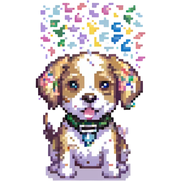 pixel art dog bursting with confetti and sparkles, cute and funny emoji