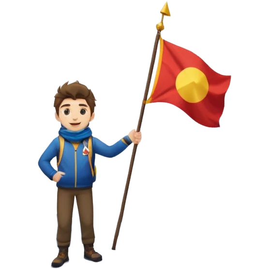 a happy guy standing on a tall, dramatic mountain with visible snowy patches, holding a flag emoji