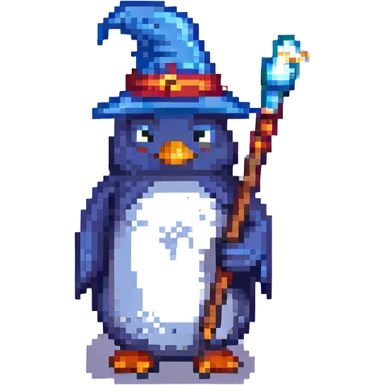 penguin wizard holding a staff, pixel art style emoji