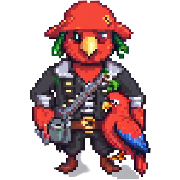 a pirate captain with a red parrot, pixel art style emoji