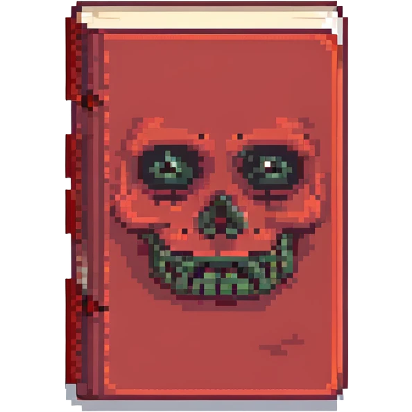 red cursed book with a sinister face pixel art emoji