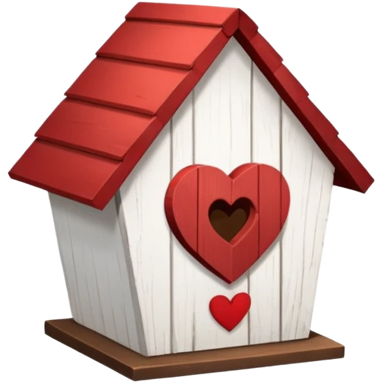 a birdhouse with a normal circular hole and a red roof with the rest white and a heart at the top but below the roof emoji