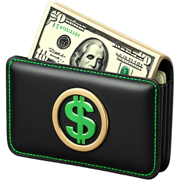 Rich emoji style black leather wallet with dollar bills, luxury money vibe, premium 3D emoji, ultra clean, high detail, no background emoji