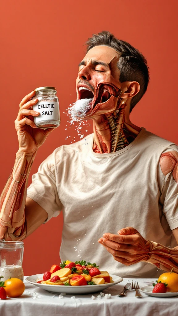 A MEDICAL ILLUSTRATION OF A REALISTIC human body holding a jar with "CELTIC SALT" written on the label, he throws it in his mouth DURING BREAKFAST emoji