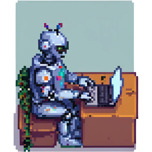 robot working on a laptop, pixel art style emoji