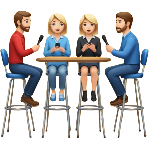 casual interview on stage, three people, facing each other, woman on the left, two men on the right, high chairs emoji