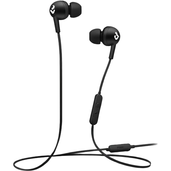 Minimal emoji, simple wired earphones sculpted from matte black metal, clean silhouette, fashion editorial minimalism, no motion effects, no glow, no neon, flat emoji style, centered, transparent background emoji