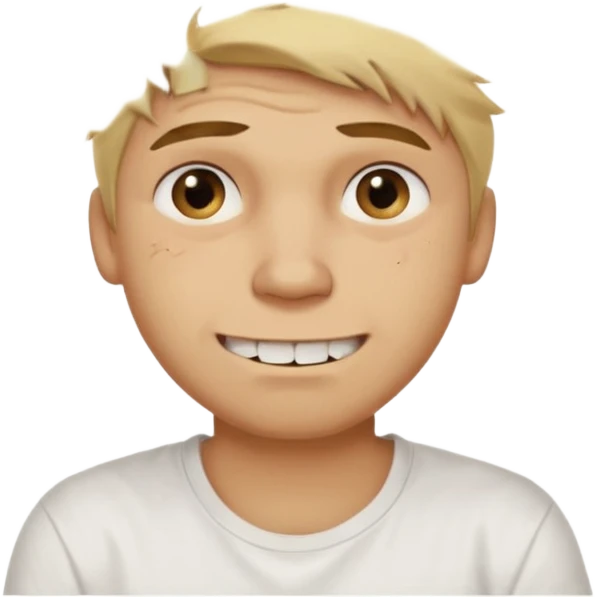 Male with short, messy blonde hair, large expressive golden-brown eyes, light brown skin, subtle facial bruises and scratches, crooked smile showing slightly damaged teeth, wearing a plain white t-shirt, friendly but creepy expression.
 emoji