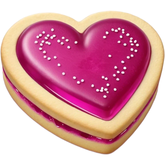 Realistic shortbread cookie in the shape of a heart with Fuchsia color jelly middle filling and sprinkled powder sugar on top. emoji