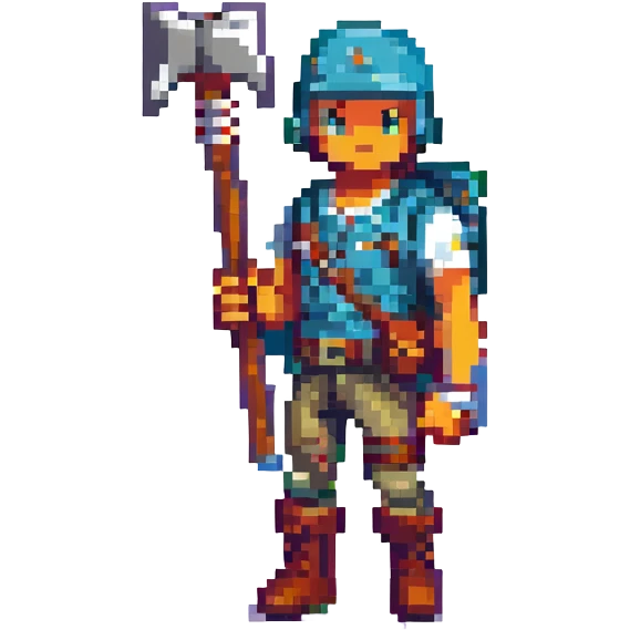 Fortnite character, pixel art style, blocky and retro, holding a pickaxe, bright colors emoji