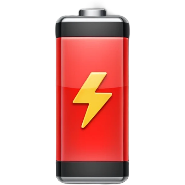 iPhone-style emoji of a battery that is almost empty, with a small red bar at the end indicating low energy. Clean, minimal, glossy look, transparent background. emoji