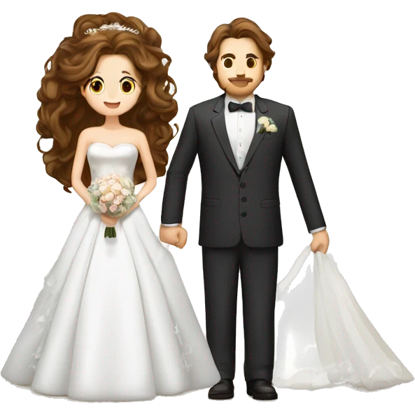 bride with brown long wavy hair, brown eyes, bride dress with sleeves. a tall groom with suit, yamaka emoji