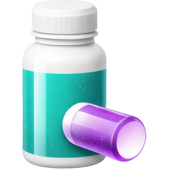 white pill bottle with teal medicine capsule, sparkles and texture light purple emoji