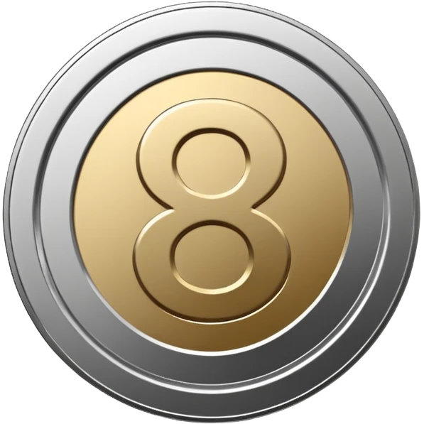 Emoji icon of a metal coin with engraved number 8, minimalist style, isolated, only metal color emoji