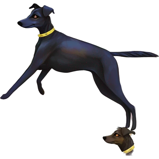  brindle brown black maroon gold lurcher Alsatian fox running blue eyes and iridescent holographic oilslick harness wearing paper iridescent tropical flower crown yellow caution tape emoji