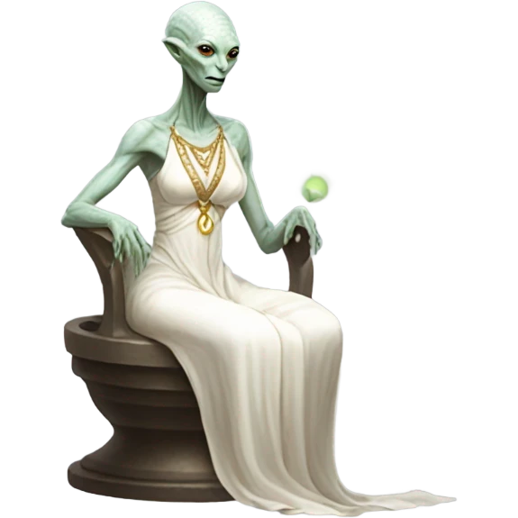 a Reptilian alien woman,in meditation, white dress like a priestess emoji