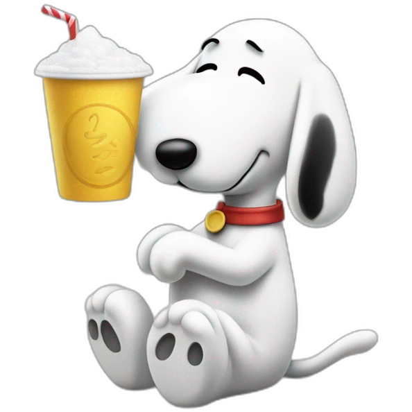 Snoopy (full body, standing) holding a straw in his hand against his nose bent over a table sucking up a pile of sugar -drink -cup emoji